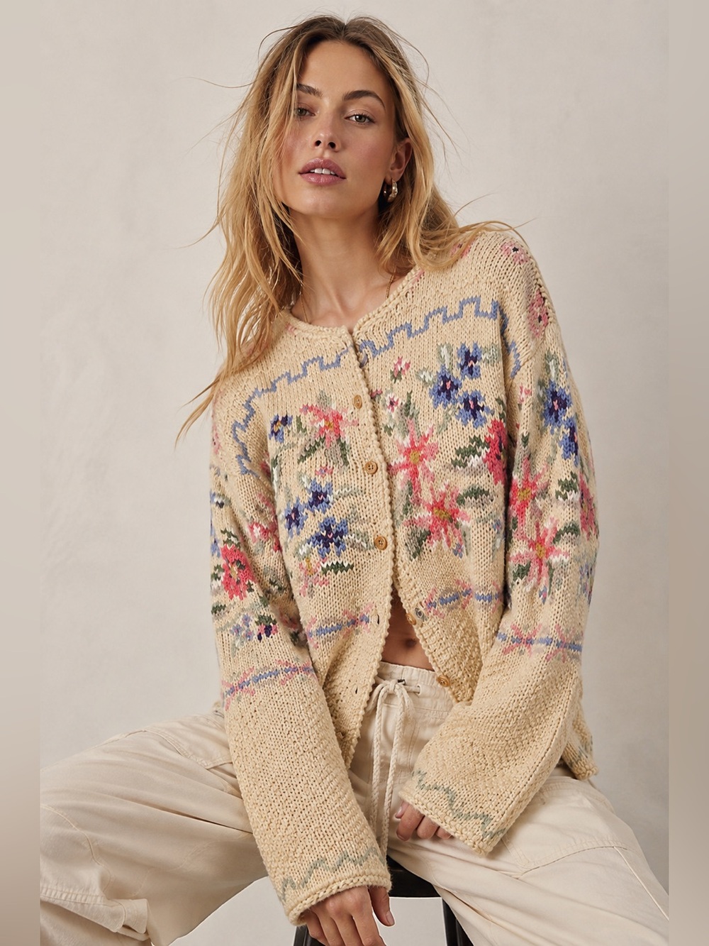 Talbots Petites Hand Knit Floral Cardigan Sweater PS Ramie Cotton Cottagecore